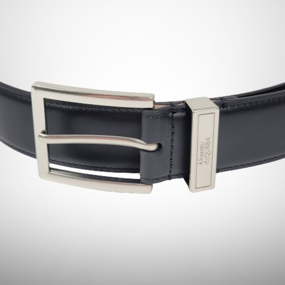 ALEXANDER MCQUEEN Men's The Silver Tone Buckle Belt in Black Calfskin Leather - Picture 3 of 6